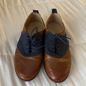 Restricted Size 8.5 Leather and Canvas Brown and Navy Blue Shoe.
